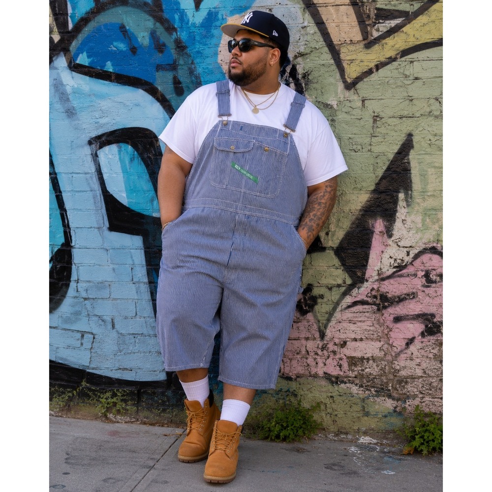 Key Bib Overalls Jorts Mens 46"x24" Hickory Stripe Blue White Workwear Dungarees